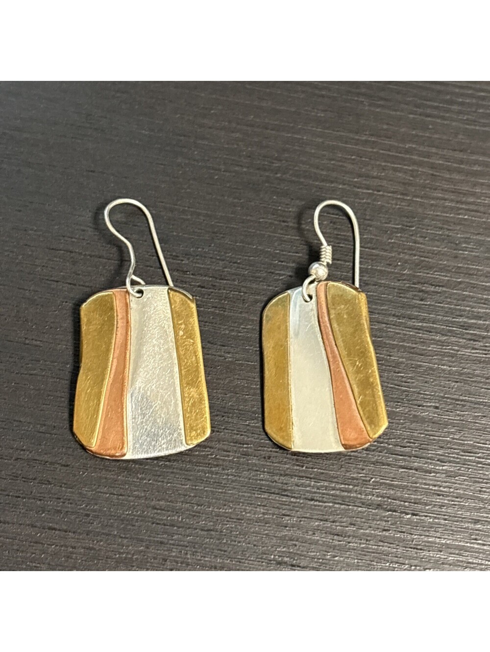 Vtg Lazaro G Modernist Sterling Silver Brass Copper Tri Metal Dangle Earrings